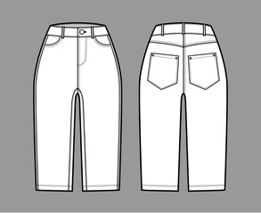 Denim short pants technical fashion illustration with knee length, normal waist, high rise, coin, angled 5 pockets. Flat breeches bottom template front, back, white color style. Women, men CAD mockup
