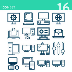 Simple set of 16 icons related to personal computer