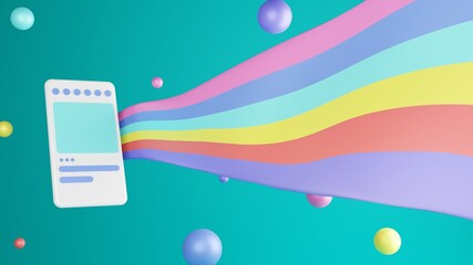 Handphone 3d illustration rendering modern and trendy with colorful balloons and flag on blue sky background