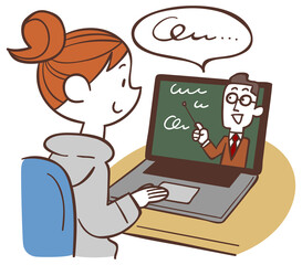 自宅でノートパソコンを使いオンライン授業を受ける女子生徒
