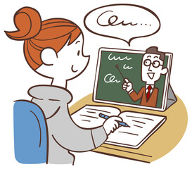 自宅でタブレットPCを使いオンライン授業を受ける女子生徒
