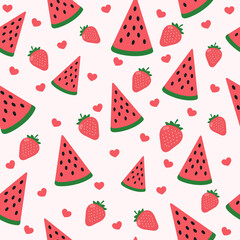 Bright summer seamless pattern with watermelons and juicy strawberries.
