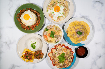 Fried Eggs with Sweet Stir Fried Pork , Clear Soup with Eggs and Minced Pork  , Stuffed eggs , Seafood Omelette , Fried Egg Omelette and Minced Pork Omelette  