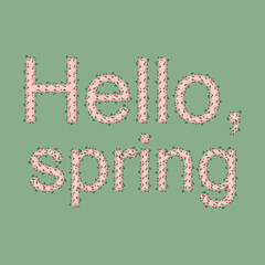 Hello spring floral text on green square background