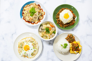 Egg Dish : Clear Soup with Eggs and Minced Pork, Stuffed eggs , Star omelette , Seafood Omelette and Fried Eggs with Sweet Stir Fried Pork
