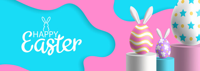 happy easter banner design  3d eggswith  bunny ears on cylinder podiums minimal scene vector illustration