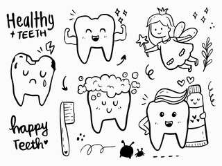 Cute fairy tooth and brush doodle illustration cartoon for kids learning