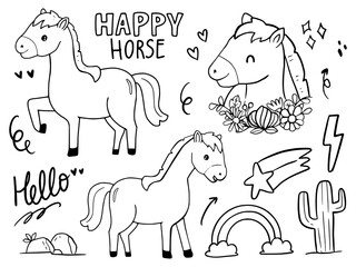 Set of cute horse illustration drawing cartoon for kids and baby