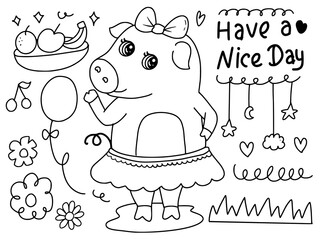 Cute baby pig dancing doodle drawing coloring page illustration cartoon for kids collection set
