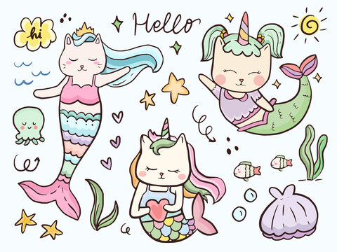Adorable mermaid and sea animal cartoon for kids coloring and print.