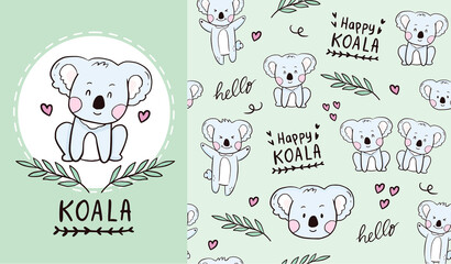 Cute happy koala seamless pattern illustration cartoon for kids and baby shower © Akevi