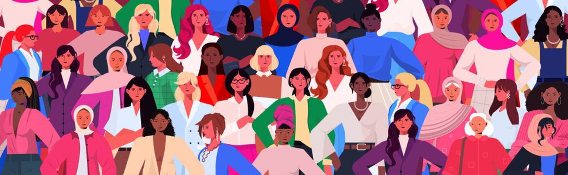 mix race women group celebrating international womens day 8 march holiday celebration concept portrait horizontal vector illustration