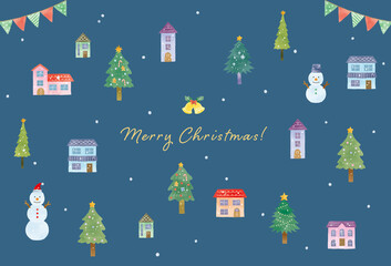 クリスマスの街並みと雪のグリーティングカードイラスト
