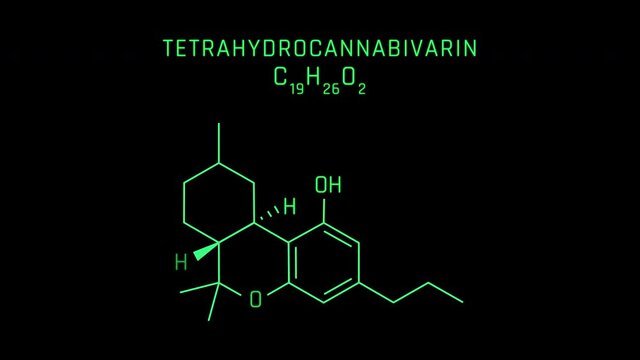 Tetrahydrocannabivarin or THCV Molecular Structure Symbol Neon Animation on black background