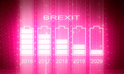 Image relative to politic situation between great britain and european union. Politic process named as brexit. Battery silhouettes. Progress from 2016 to 2020 year. 3D rendering. Neon shine