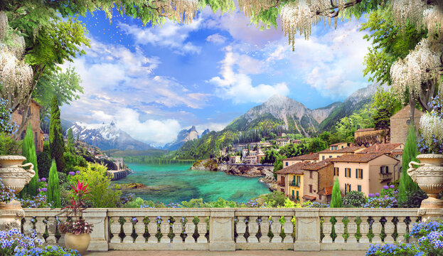 Beautiful view from the balcony on the Italian coast, pink and white flowers. Blue sky. Digital collage, mural and mural. Wallpaper. Poster design. Modular panel.  Illustration for print.