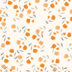 Seamless floral pattern based on traditional folk art ornaments. Colorful flowers on light background. Scandinavian style. Vector illustration. Simple minimalistic pattern with nature element.