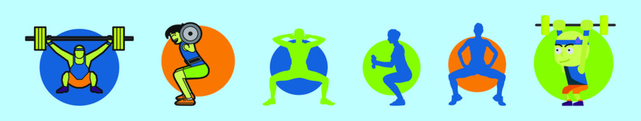 set of squat sports cartoon icon design template with various models. vector illustration isolated on blue background