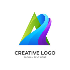 letter A water logo, letter A and letter A , combination logo with 3d colorful style