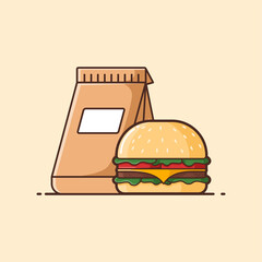Illustration of Burger and Paper Bag Take Away Menu, Cartoon Isolated - Foods and Drinks Vector Illustration Design.