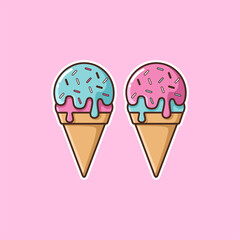 Pink and Tosca Ice Cream Cone Cartoon Isolated - Foods and Drinks Illustration Cartoon Style.