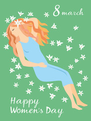 Obraz na płótnie Canvas Happy womens day greeting card. Congratulations on March 8. The girl lies in a meadow among white flowers. Vector graphics