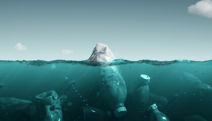 iceberg plastic bottle. pollution in ocean. 3d rendering - obrazy, fototapety, plakaty