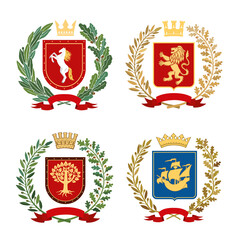 Set of different heraldic coats of arms. Horse, lion, tree and ship on shields framed by symbolic branches. Vector graphics