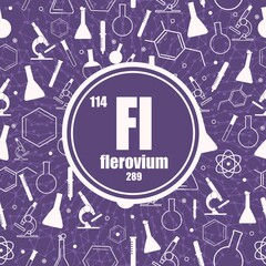 Flerovium chemical element. Sign with atomic number and atomic weight. Chemical element of periodic table. Connected lines with dots. Circle frame with icons.