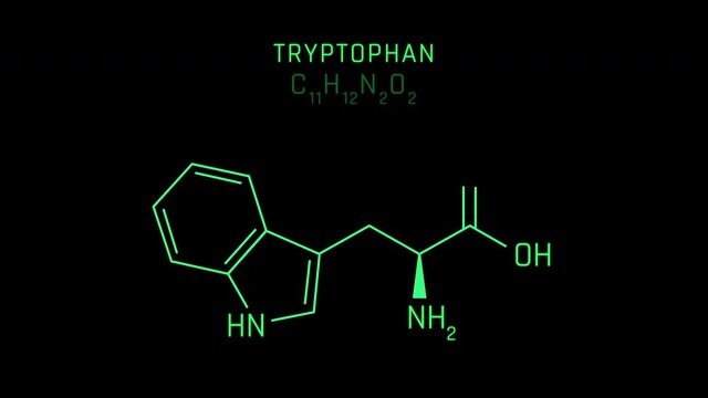 Tryptophan Molecular Structure Symbol Neon Animation on black background