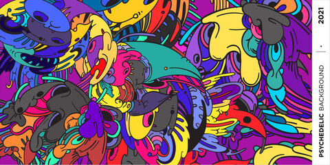 Psychedelic colorful vector hand drawn doodle illustration background for poster and banner