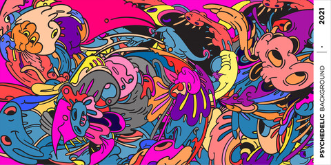 Psychedelic colorful vector hand drawn doodle illustration background for poster and banner