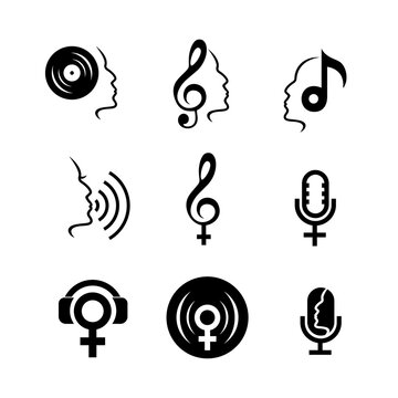 creative set collection  Women Voice logo concept music note with woman gender head face symbol vector flat illustration design isolated background