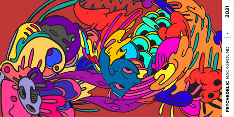 Psychedelic colorful vector hand drawn doodle illustration background for poster and banner