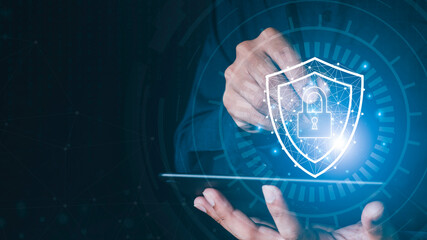 Data or network protection, business people press shield icon, web button, virus security. Data protection and insurance Business security concepts, information security against viruses,system Matrix