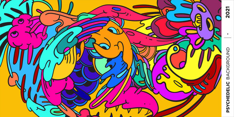 Psychedelic colorful vector hand drawn doodle illustration background for poster and banner