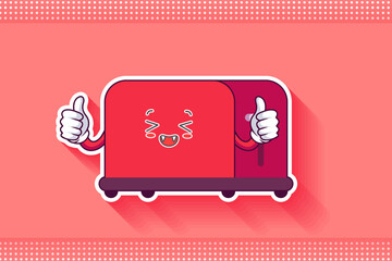 LAUGHING, HAPPY, FUN, CHEERFUL Face Emotion. Double Thumb Up Finger Hand Gesture. Toaster Cartoon Drawing Mascot Illustration.