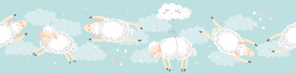 Vector horizontal seamless pattern with cute hand drawn cartoon sheeps, clouds, stars isolated on blue background. Design for print, fabric, wallpaper, card, baby room decoration, banner © DarianaArt