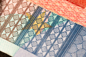Closeup of twenty Euro Banknote and ten EUR Bills. Red and Blue Money from Europe. Concept of Financial Market and Economy in EU
