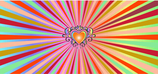 radial orange heart sunburst background
