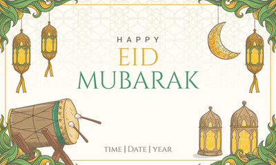 Hand drawn Happy Eid Mubarak beautiful background with islamic ornament. © katakari