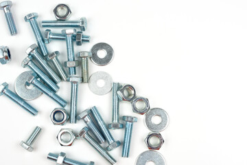 bolts and nuts in silver metal on white background