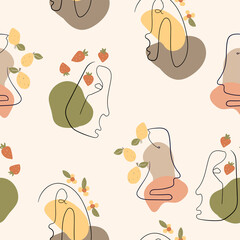 seamless patern in modern style with people faces. vector illustration in scandinavian style. print for design of fabric, posters, clothes