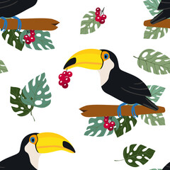 Seamless pattern with cute cartoon toucan bird on branch. Vector illustration for wallpaper, fabric, textile. Summer exotic print. Tropical toucan icon with floral monstera leaves.