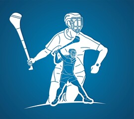 Irish Hurley Sport. Group of Hurling Sport Players Action.  Cartoon Graphic Vector.	