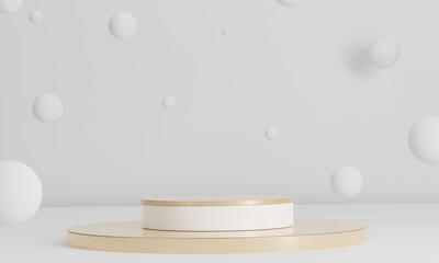 3D rendering golden podium with White sphere on white background.Realistic gold stage podium.Gold metallic Mock Up Stand.