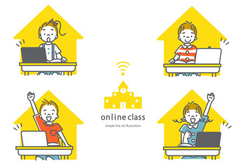 それぞれの自宅でオンライン授業を受ける小学生のイラスト素材　男女4人セット