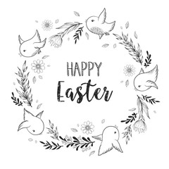 Happy Easter vector illustration with round frame from hand drawn branches, leaves, flowers and cute birds isolated on white background. Design for poster, greeting or invitation card