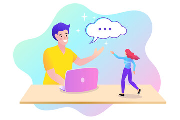 Friends talking online. Video conference landing. People on computer screen taking with colleague. Videoconferencing and online meeting workspace vector page.