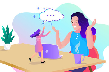 Friends talking online. Video conference landing. People on computer screen taking with colleague. Videoconferencing and online meeting workspace vector page.